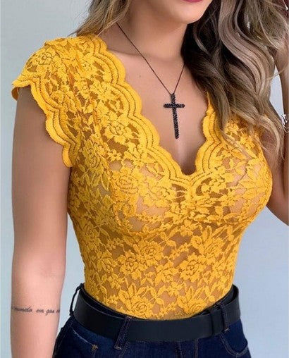 New Women Sexy V Neck Lace Vest Top - PixelGlamour